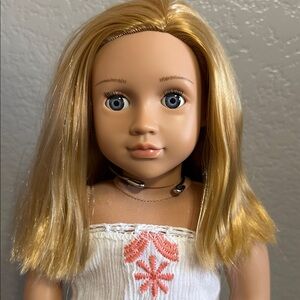 Our Generation 18” Doll Blonde Hair Blue Eyes wearing Embroidery Peasant Outfit